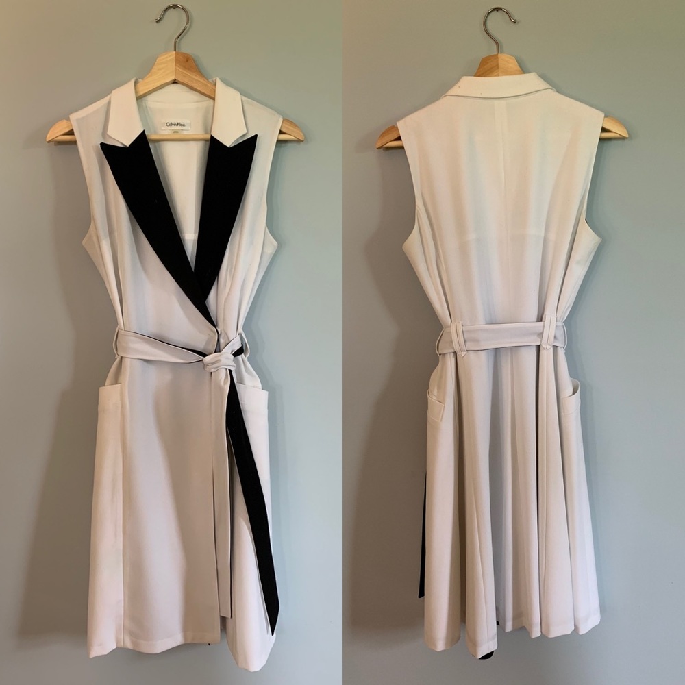 White and Black Calvin Klein Tuxedo Wrap Dress